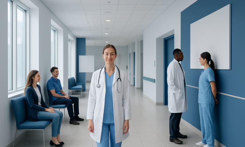 Healthcare professionals and patients in a modern hospital corridor.