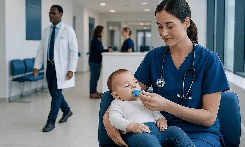 Pediatric nurse giving a pacifier to a sleeping baby in a hospital setting.