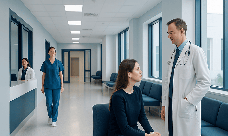Doctor consulting a patient in a hospital corridor with medical staff in background.
