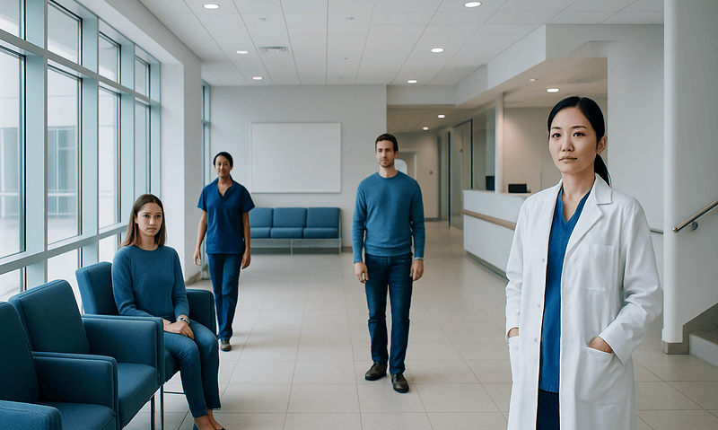 Medical team in hospital lobby with doctor and patients.