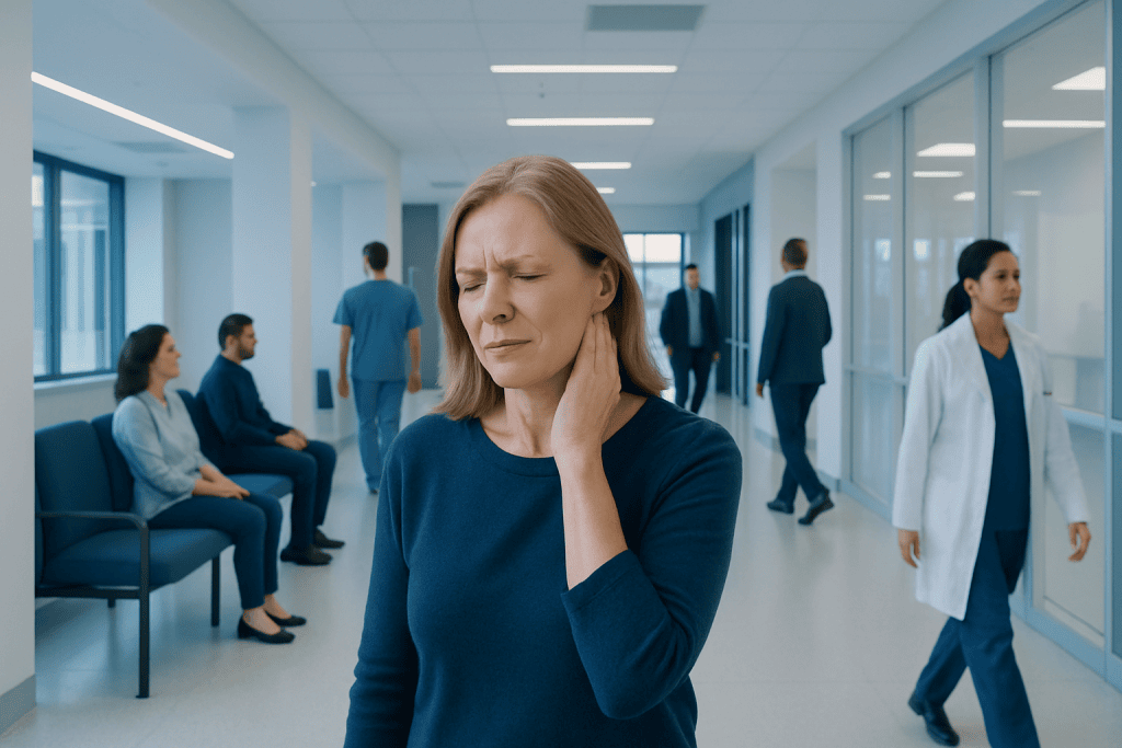 Pain Around Neck and Ear: Possible Causes and When to Seek Care 1 Woman experiencing neck and ear pain in a hospital corridor.