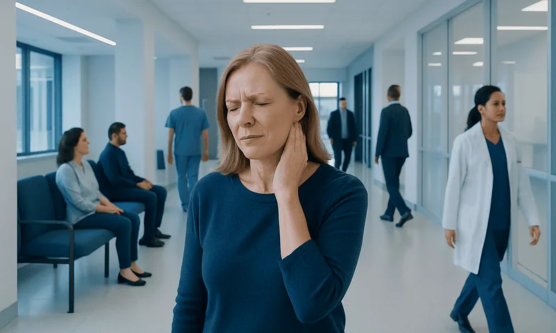 Woman experiencing neck and ear pain in a hospital corridor.