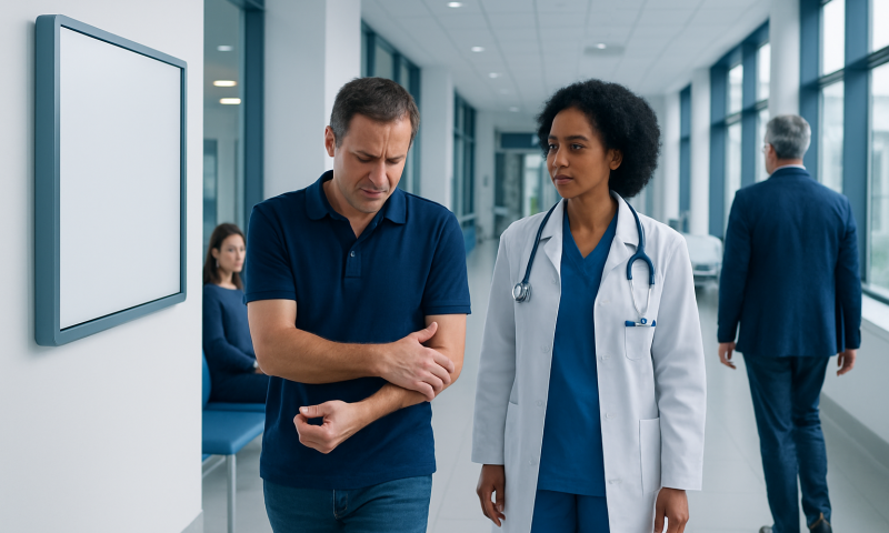 Patient experiencing left hand pain in hospital corridor with doctor nearby.