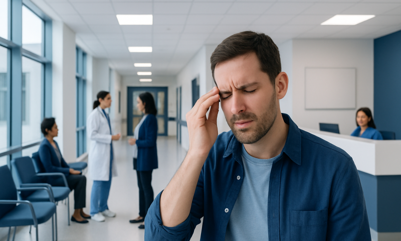 Man experiencing eye pain in a hospital corridor.