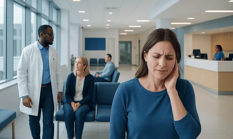 Woman experiencing ear pain in a hospital waiting area.