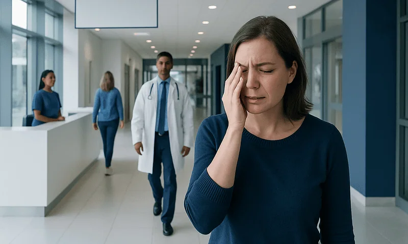 Woman with headache in hospital corridor, healthcare professionals in background.
