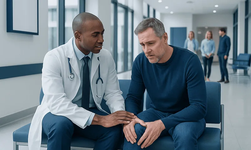 Doctor consulting with patient about knee pain in hospital corridor.