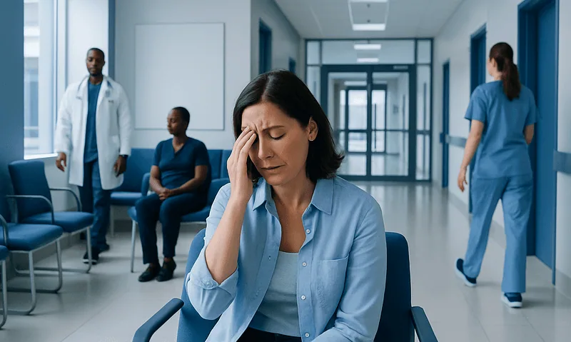 Woman with headache in hospital waiting area with medical staff.