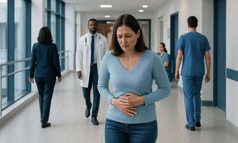 Woman with stomach pain in hospital corridor with medical staff.