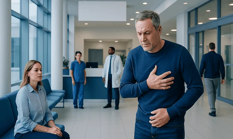 Man experiencing chest pain in hospital lobby with medical staff nearby.