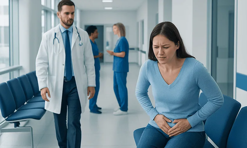 Woman with groin pain in hospital corridor with medical staff nearby.