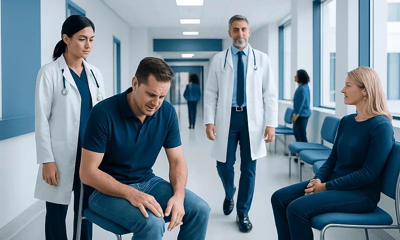 Patient experiencing leg pain in a hospital corridor with medical staff present.