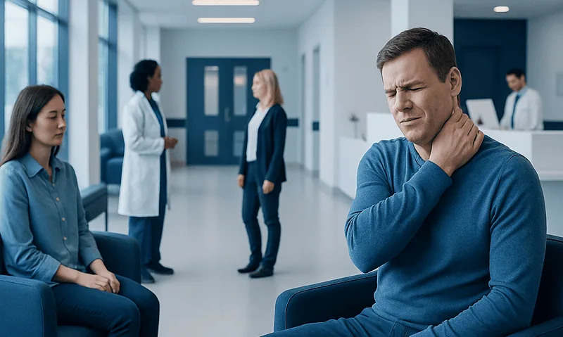 Man experiencing neck pain in a hospital waiting area.