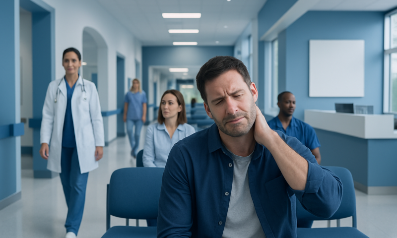 Patient experiencing neck pain in a hospital waiting area.
