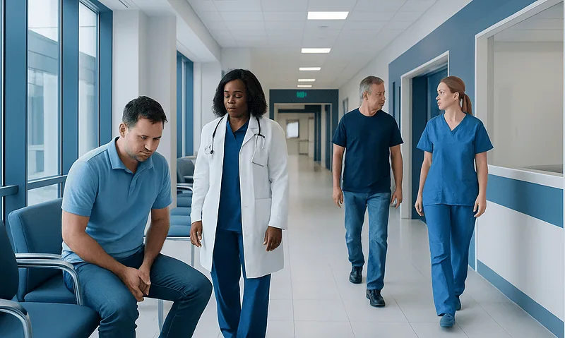 Pain Left Ball: Common Causes, Related Conditions, and When to See a Doctor 4 Patient waiting in hospital corridor with medical staff nearby.