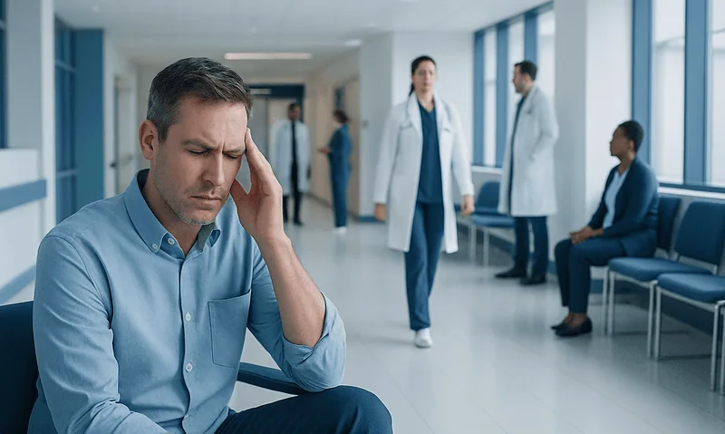 Patient experiencing headache in hospital corridor with medical staff nearby.