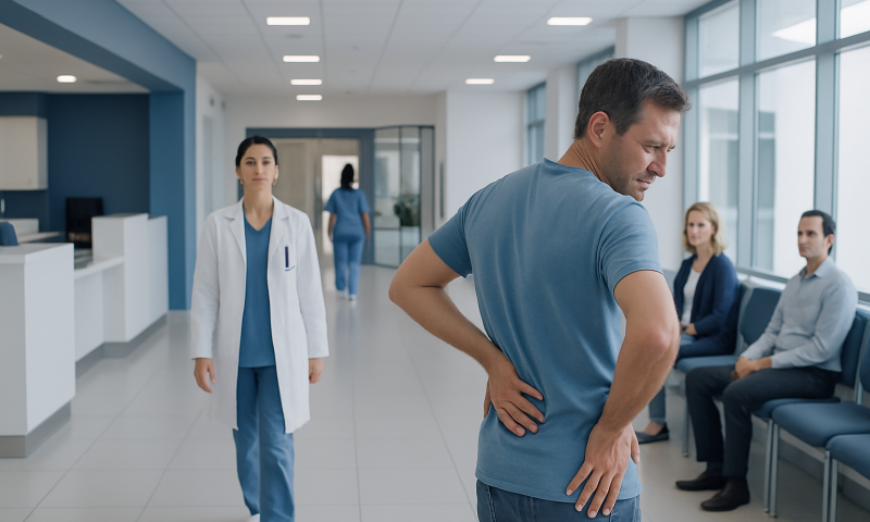 Patient experiencing back pain in hospital corridor with medical staff nearby.