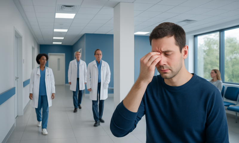 Pain Inside Nose Bridge: Possible Causes and When to Seek Care 6 Man with nose pain holding his nose in a hospital corridor.