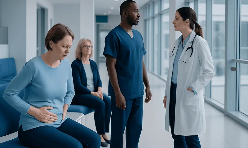 Doctor consulting with patients in a hospital corridor.