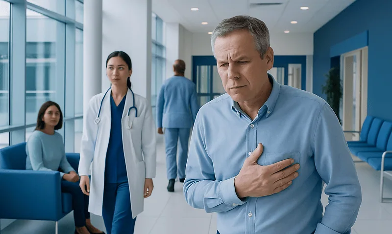 Man experiencing chest pain in hospital corridor with medical staff nearby.