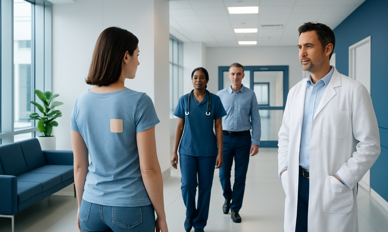 Patient talking to doctor in hospital corridor with medical staff nearby.