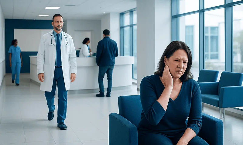 Woman experiencing ear pain in a hospital waiting area.