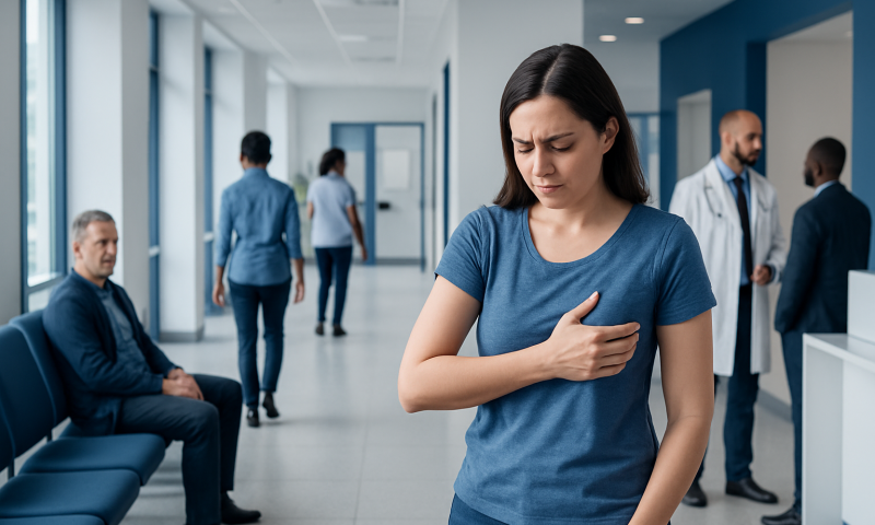 Woman experiencing chest pain in a hospital corridor.