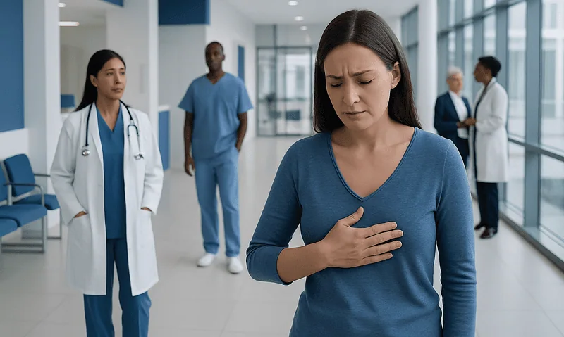 Woman experiencing chest pain in hospital corridor with medical staff nearby.