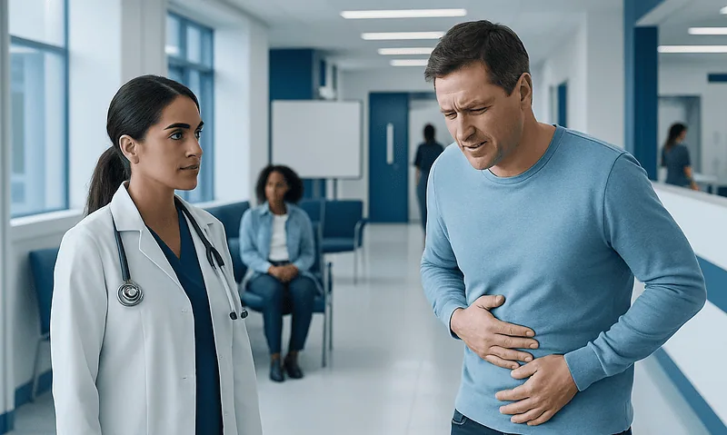 Man experiencing stomach pain in a hospital setting with medical staff nearby.