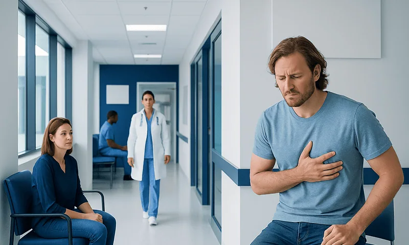 Pain Under Right Breast Explained: Common Triggers and Red Flags 3 Man experiencing chest pain in hospital corridor with medical staff nearby.