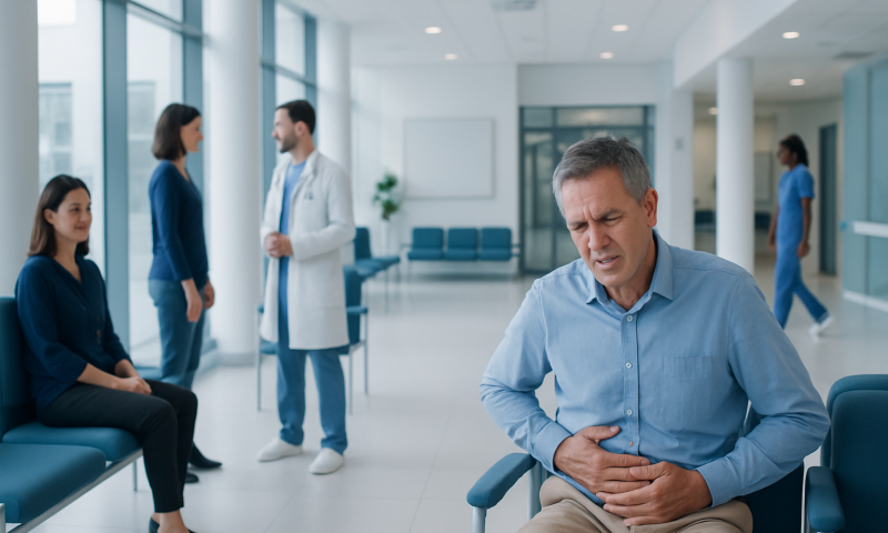 Pain with Pancreas: Possible Causes and When to Seek Care 18 Man experiencing abdominal pain in a hospital waiting area.