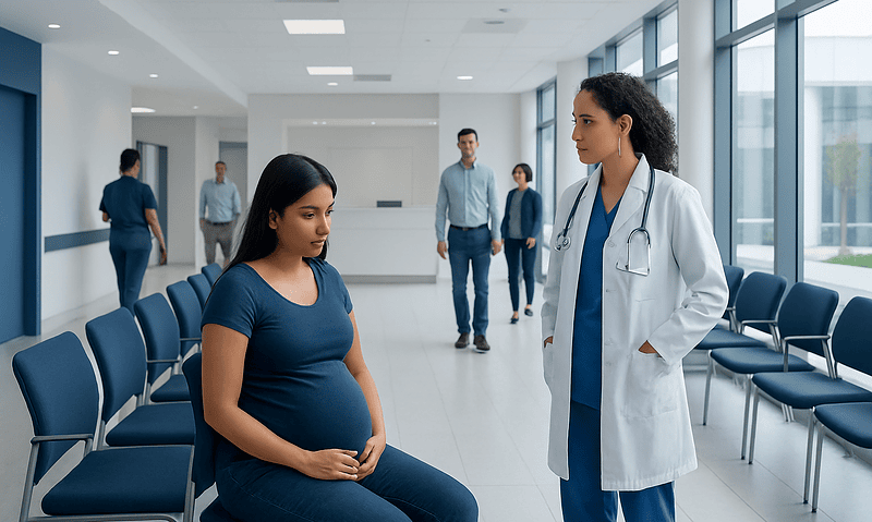 Pregnant woman consulting with doctor in hospital waiting area.
