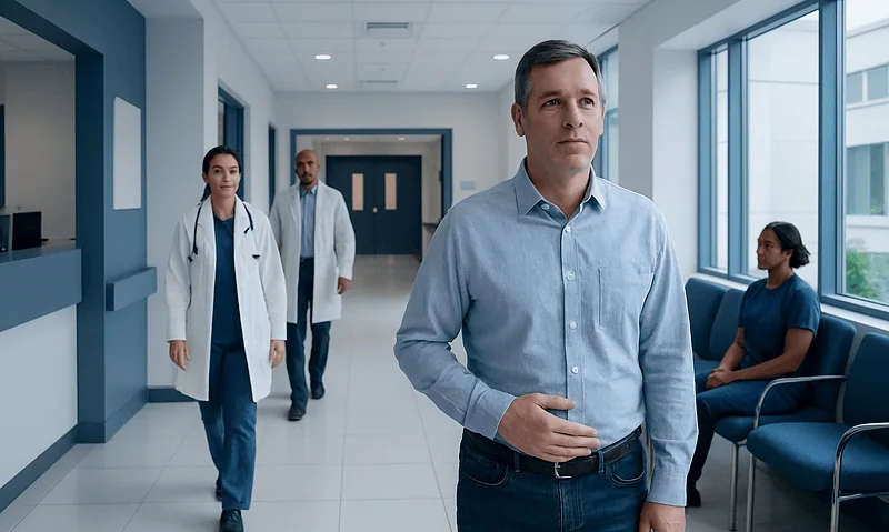 Male patient waiting in hospital corridor with medical staff nearby.