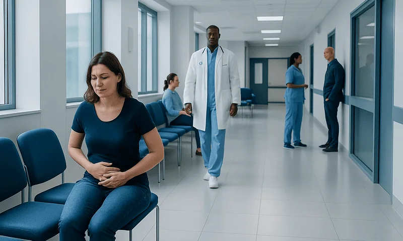 Woman experiencing abdominal pain in a hospital corridor with medical staff nearby.
