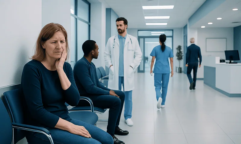 Patient experiencing gum pain in a hospital waiting area.