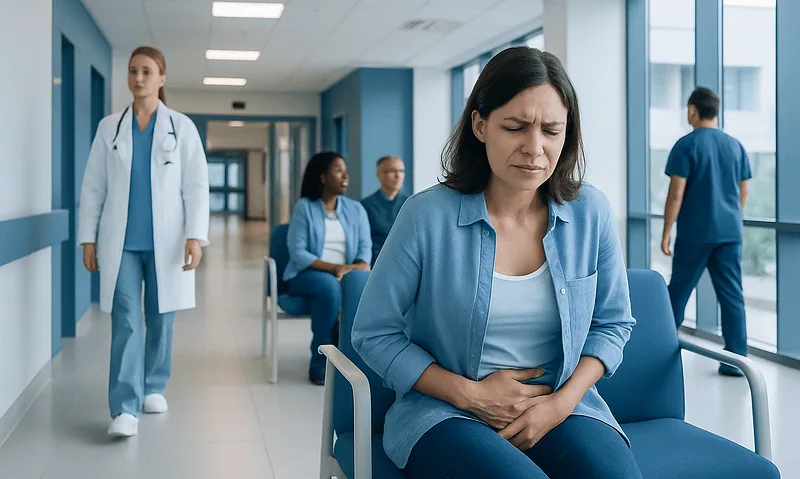 Woman experiencing abdominal pain in hospital waiting area with medical staff nearby.