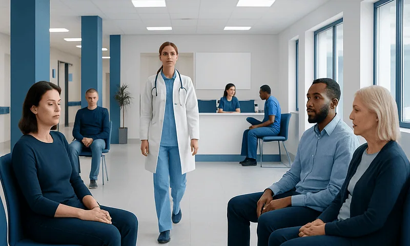 Medical consultation in a hospital waiting area with diverse patients and healthcare staff.