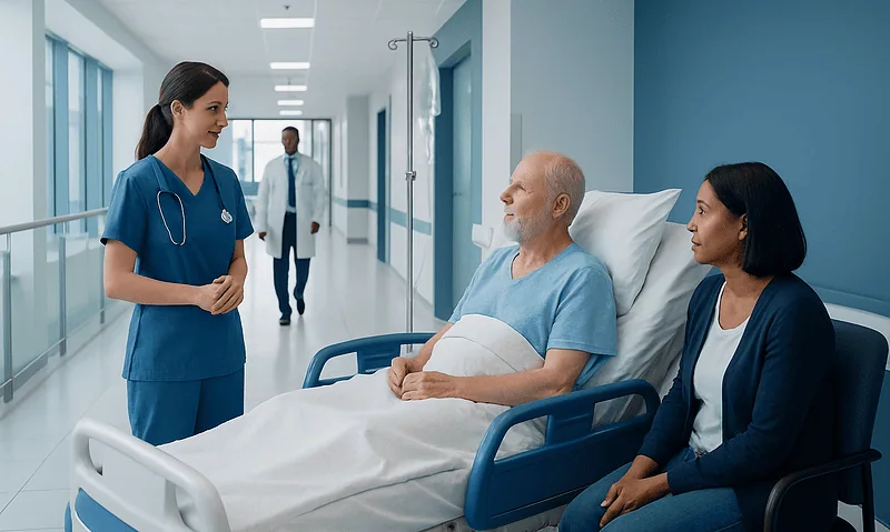 Nurse consulting with patient and visitor in hospital room.