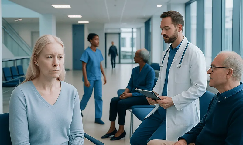 Doctor consulting with a patient in a hospital corridor.