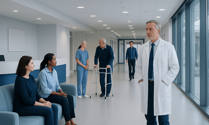 Doctor speaking with patients in hospital corridor at Acibadem Hospitals Group.