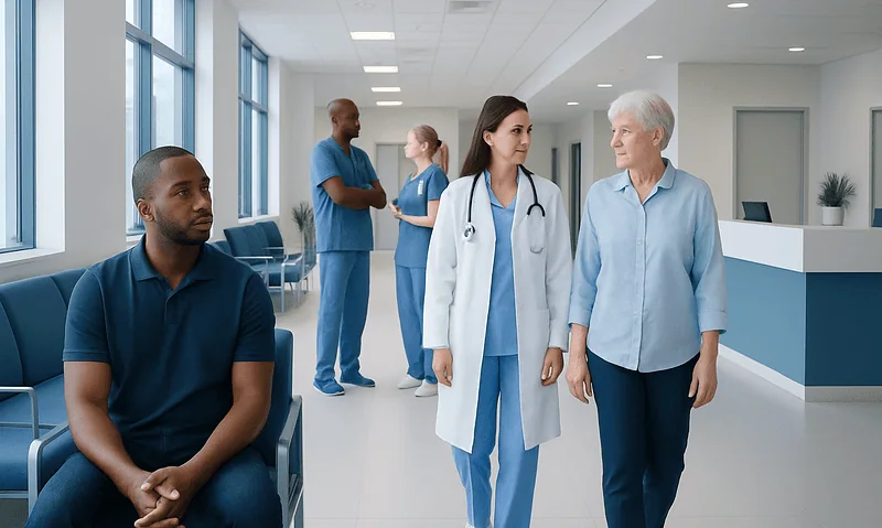 Medical staff and patient in hospital corridor at Acibadem Hospitals Group.