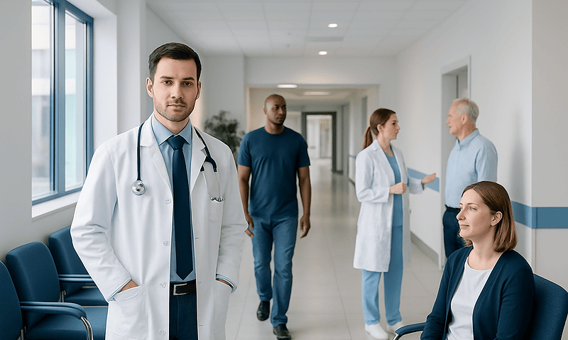 Medical team in hospital corridor with doctor and patients.
