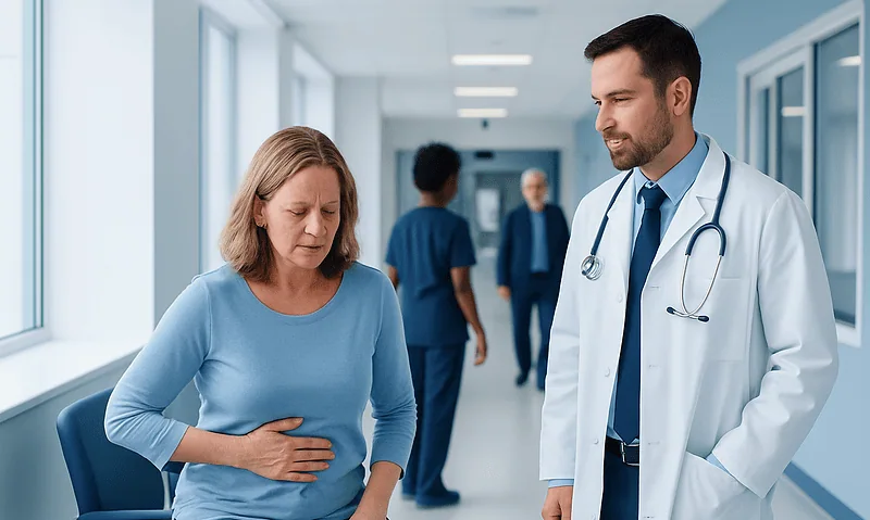 Doctor consulting a woman with stomach pain in hospital corridor.
