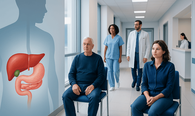 Patients waiting in a hospital corridor with a liver and digestive system graphic.