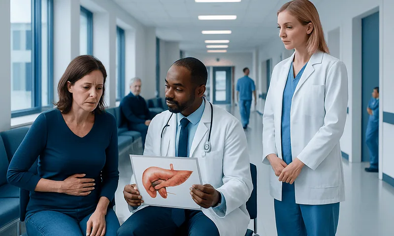 Doctor explaining pancreatic anatomy to a patient in a hospital corridor.