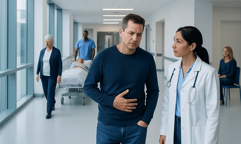 Patient experiencing abdominal pain in hospital corridor with medical staff nearby.
