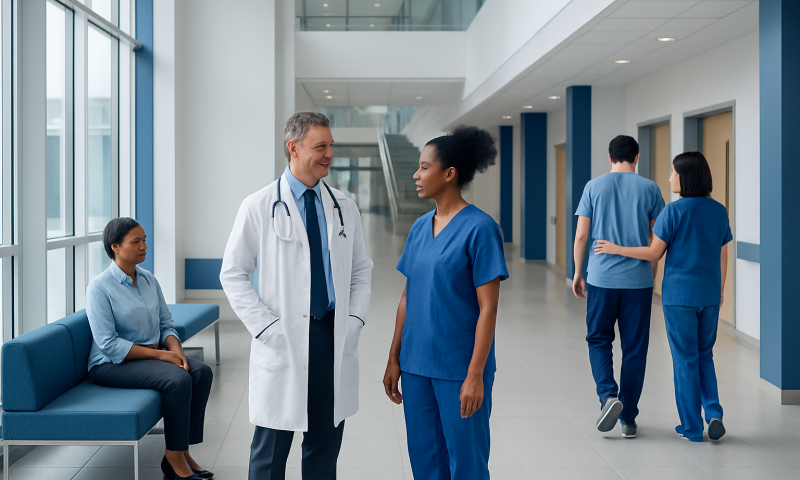 Medical team discussing patient care in hospital corridor.
