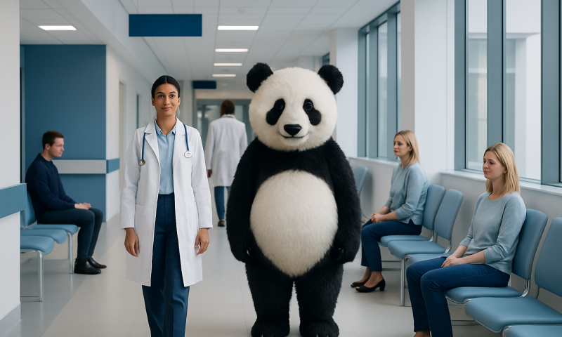 Panda mascot with healthcare professionals in a hospital corridor.