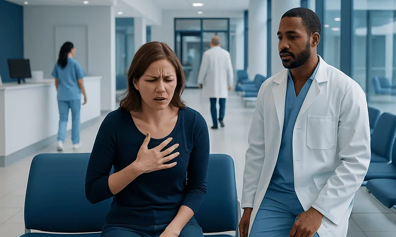 Woman experiencing chest pain in hospital waiting area with doctor nearby.