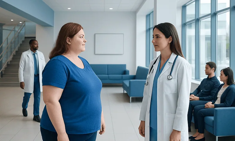 Patient consulting with doctor in hospital waiting area.